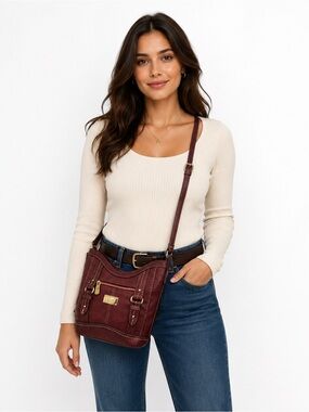 B.O.C. Burgundy Crossbody Bag Boho Faux Leather Contrast Stitch Shoulder Purse